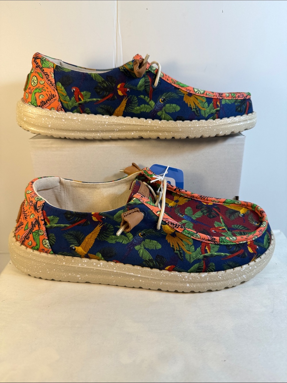 Margaritaville Navy and Orange Tropical Print Slip-On Loafers